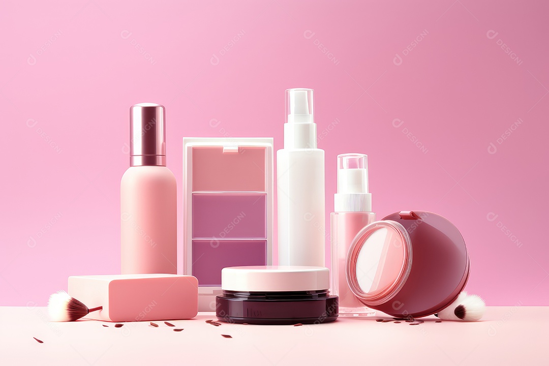 Bancada com cosméticos cor de rosa para cuidado com o rosto