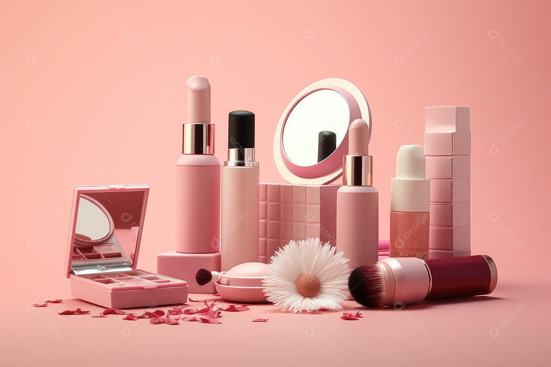 Bancada com cosméticos cor de rosa para cuidado com o rosto