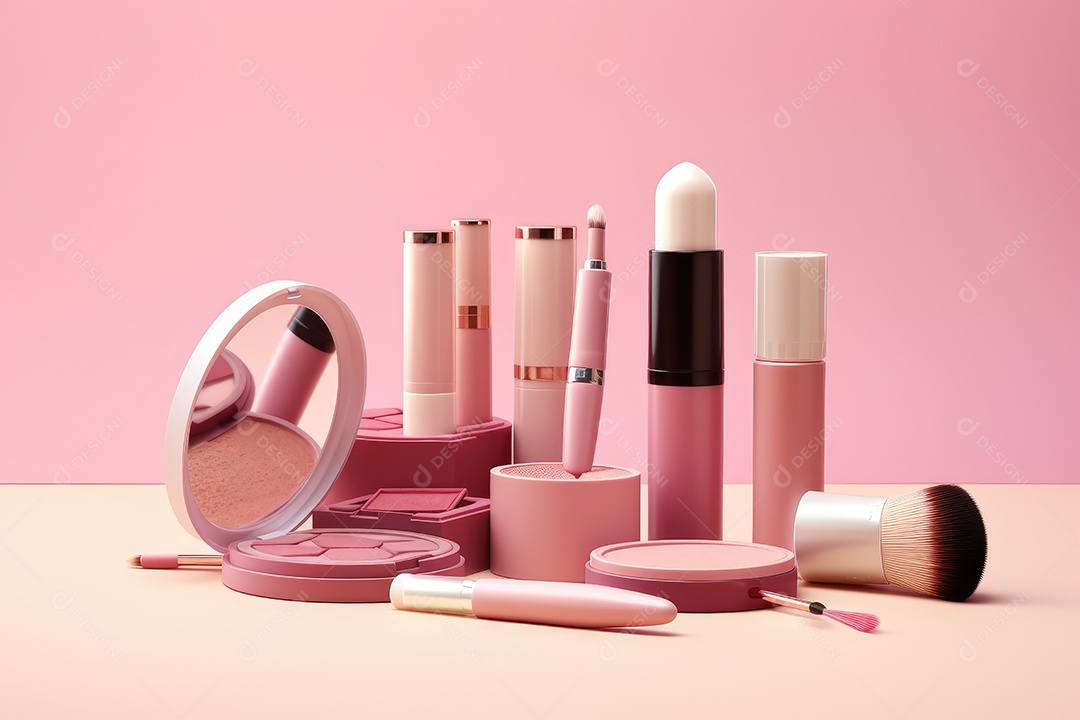 Bancada com cosméticos cor de rosa para cuidado com o rosto