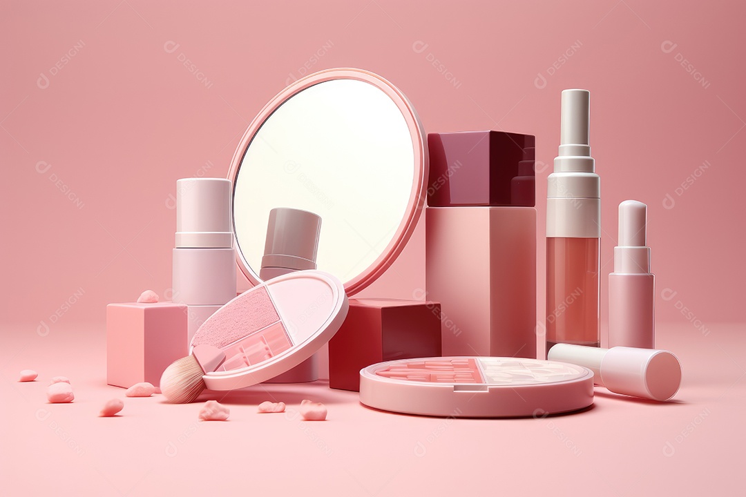 Produtos de beleza feminina sobre fundo rosa