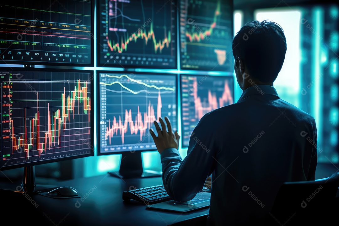 Homem trabalhando em telas de computador com gráficos