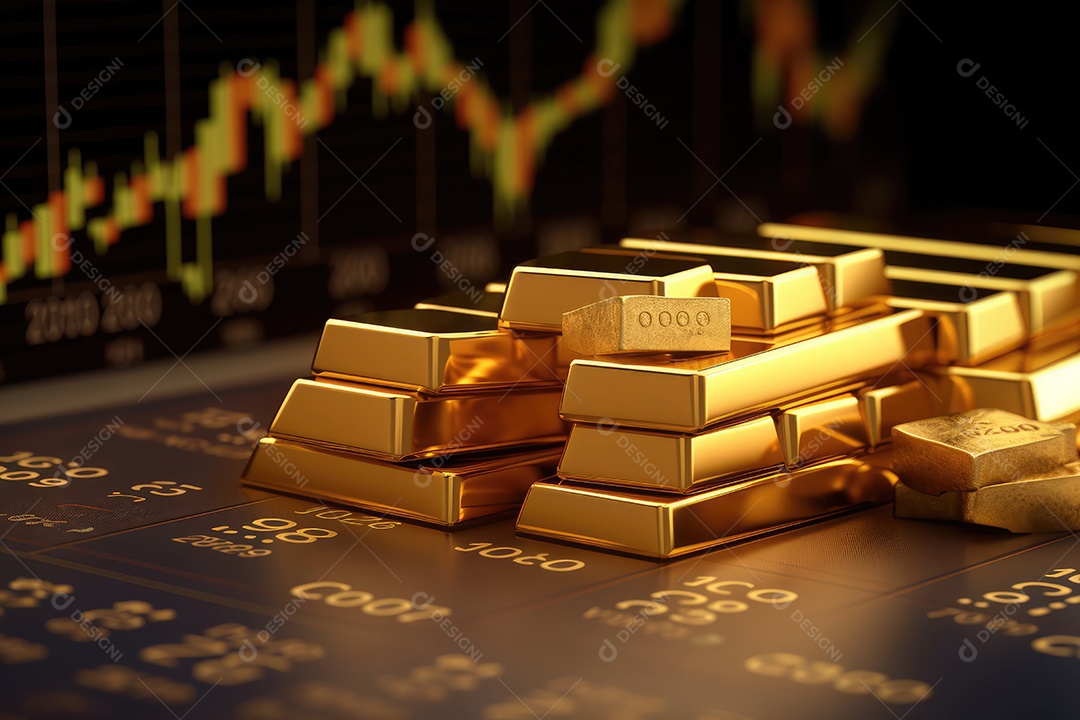 Barras de ouro empilhadas sobre fundo de gráfico