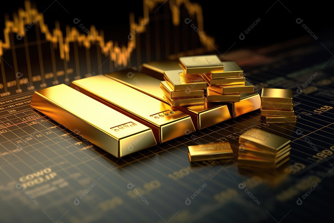 Barras de ouro empilhadas sobre fundo de gráfico