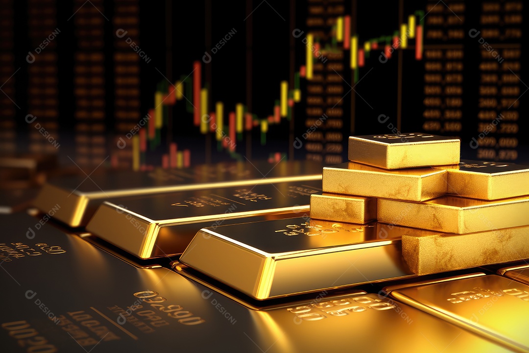 Barras de ouro empilhadas sobre fundo de gráfico