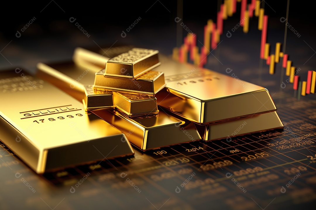 Barras de ouro empilhadas sobre fundo de gráfico