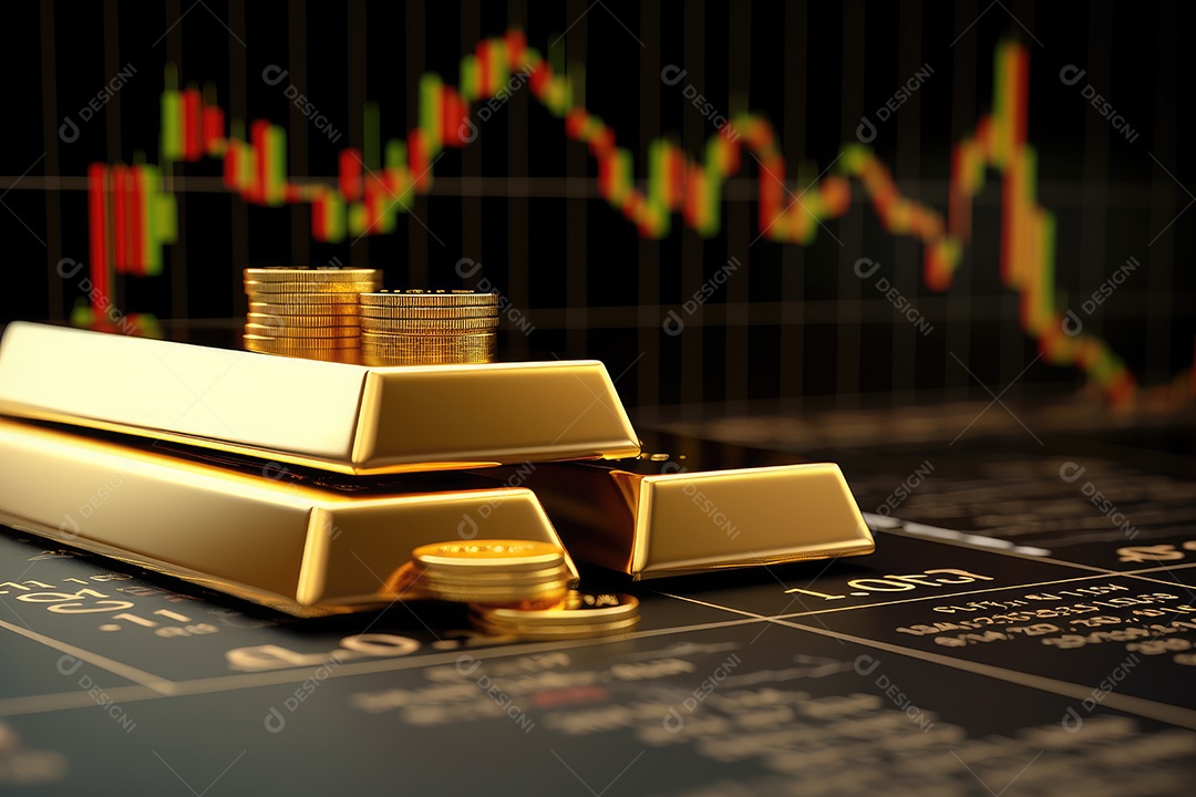 Barras de ouro empilhadas sobre fundo de gráfico