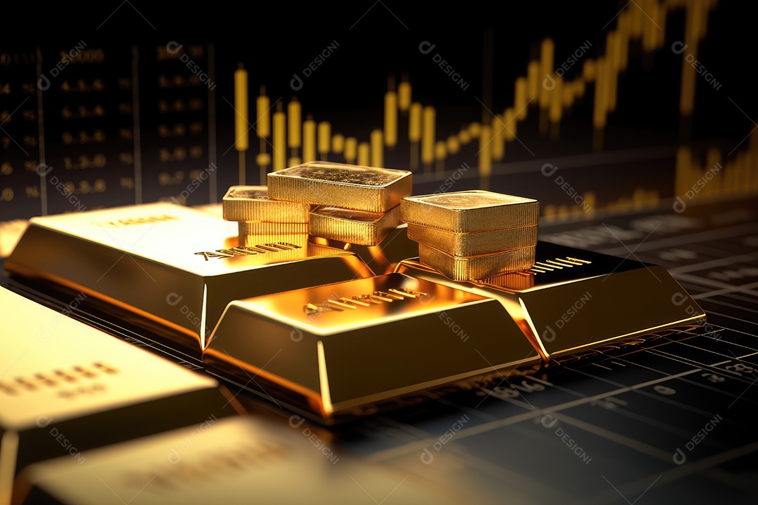 Barras de ouro empilhadas sobre fundo de gráfico