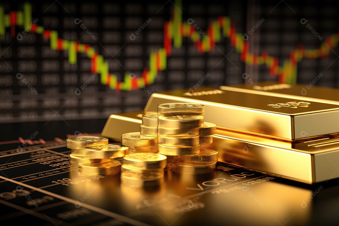 Barras de ouro empilhadas sobre fundo de gráfico