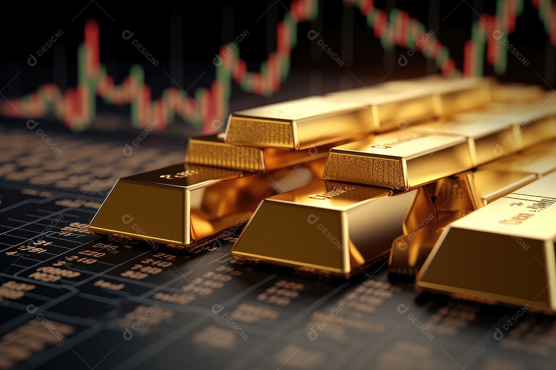 Barras de ouro empilhadas sobre fundo de gráfico