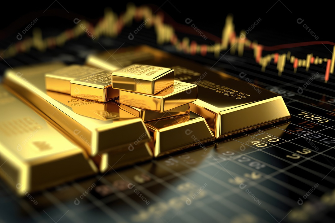Barras de ouro empilhadas sobre fundo de gráfico