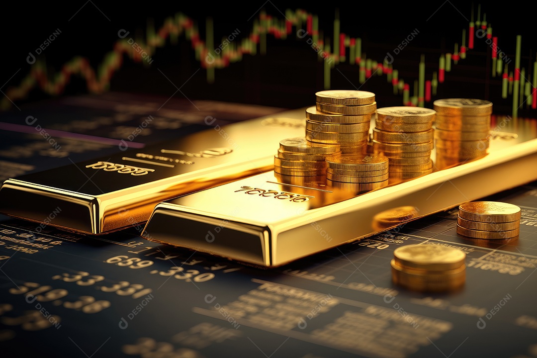 Barras de ouro empilhadas sobre fundo de gráfico