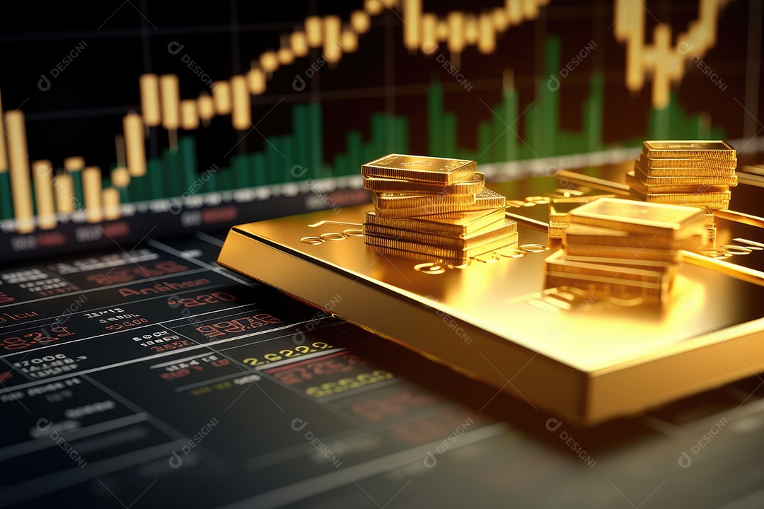 Barras de ouro empilhadas sobre fundo de gráfico