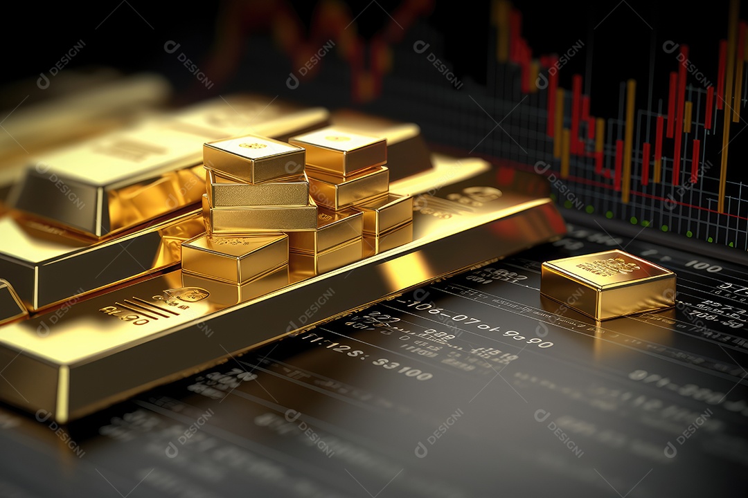 Barras de ouro empilhadas sobre fundo de gráfico