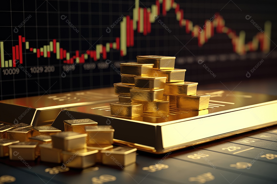 Barras de ouro empilhadas sobre fundo de gráfico