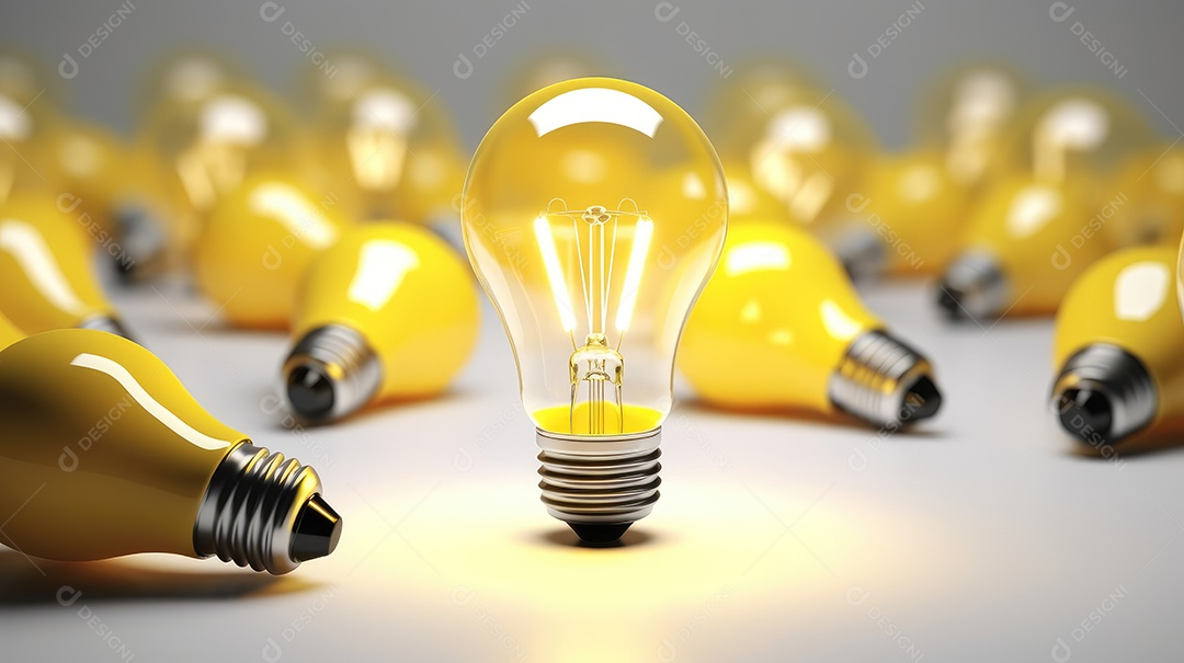 Lâmpada de cores amarelas ligadas sobre fundo branco