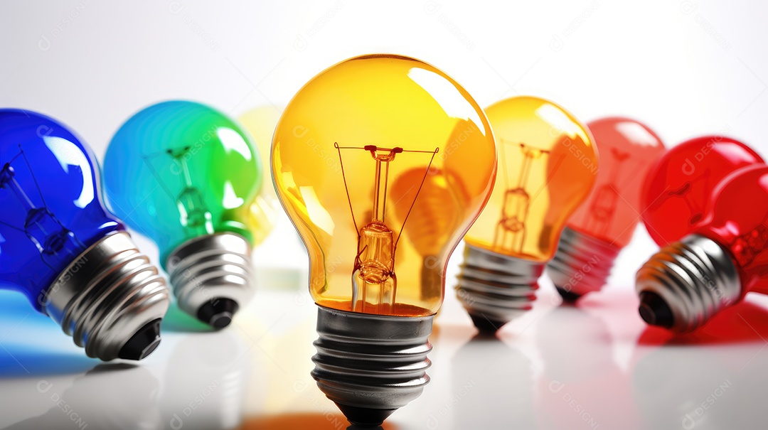 Lâmpadas coloridas agrupadas sobre fundo branco