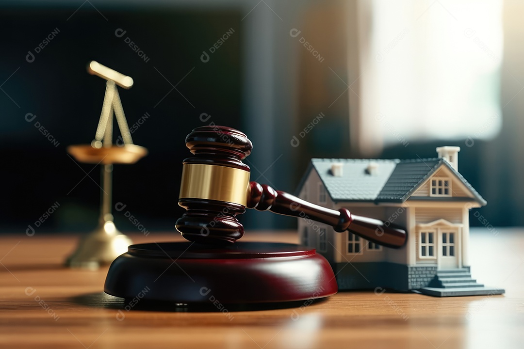 Martelo de justiça e um miniatura de casa ao lado