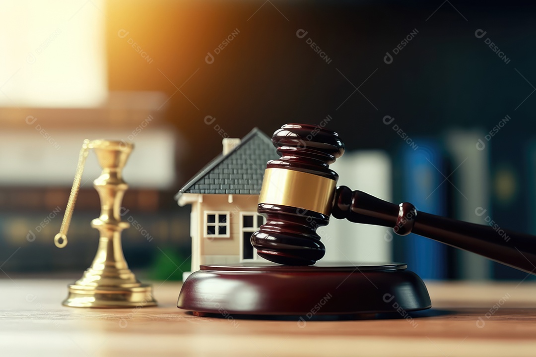 Martelo de justiça e um miniatura de casa ao lado