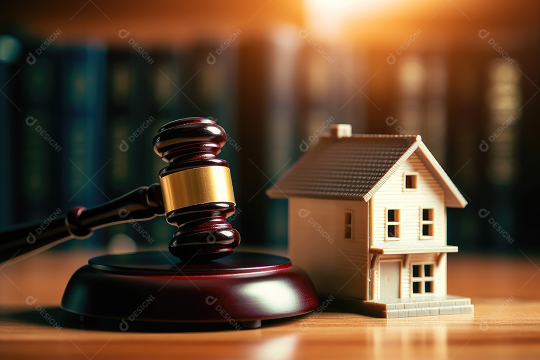 Martelo de justiça e um miniatura de casa ao lado