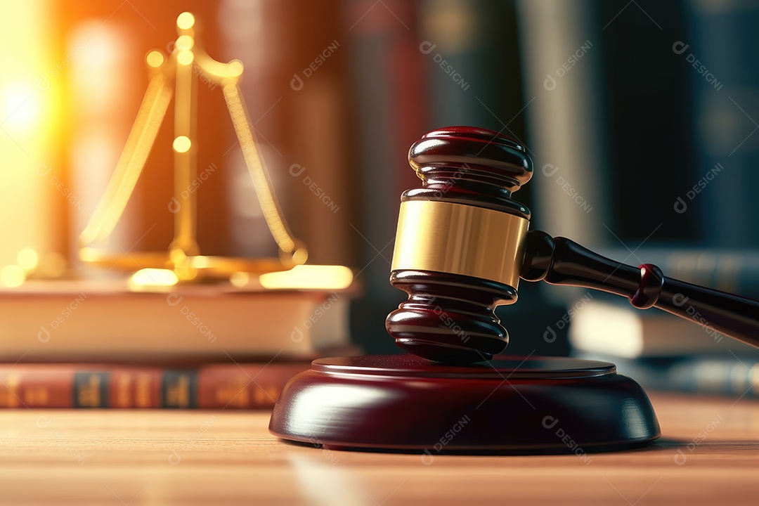 Mesa com martelo e balança do direito