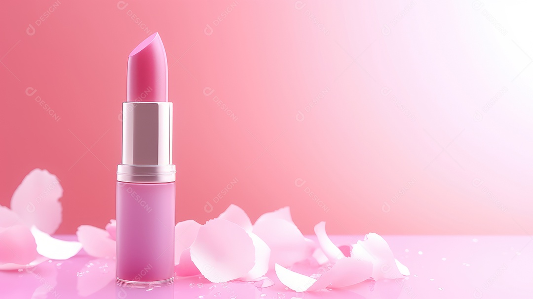 Batom cor de rosa com pétalas espalhadas