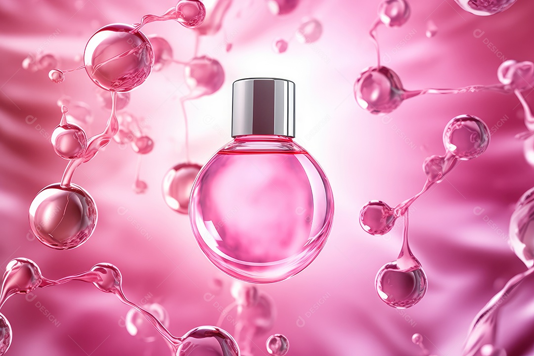 Perfume cor de rosa com bolhas ao lado