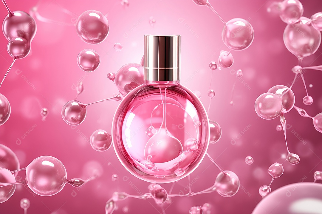 Perfume cor de rosa com bolhas ao lado