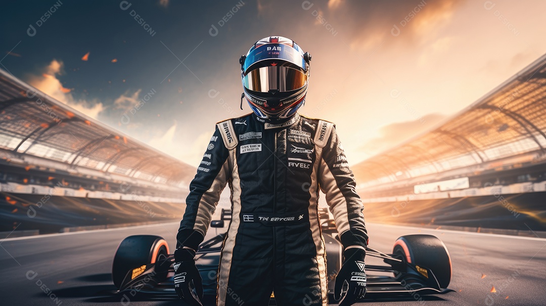 Piloto de fórmula 1 com equipamento para corrida