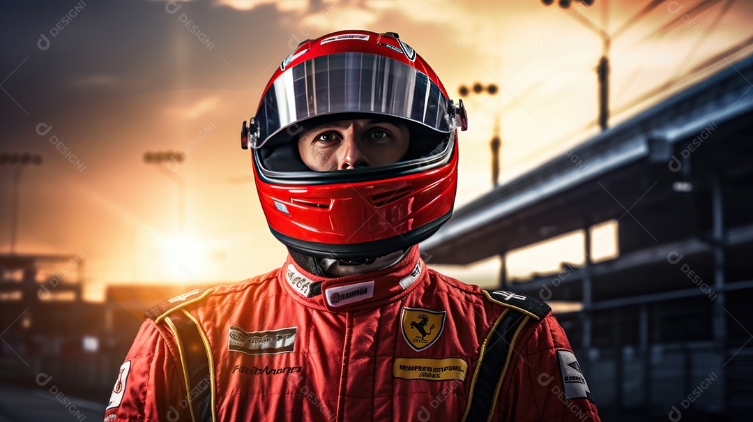 Piloto de fórmula 1 com equipamento para corrida