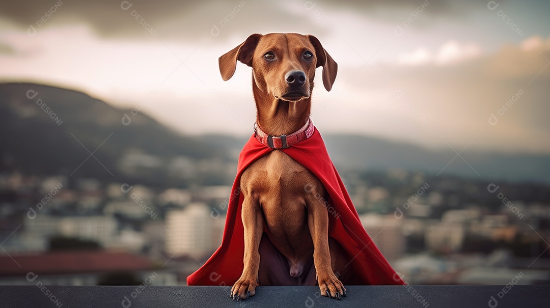 Cachorro super herói com capa vermelha