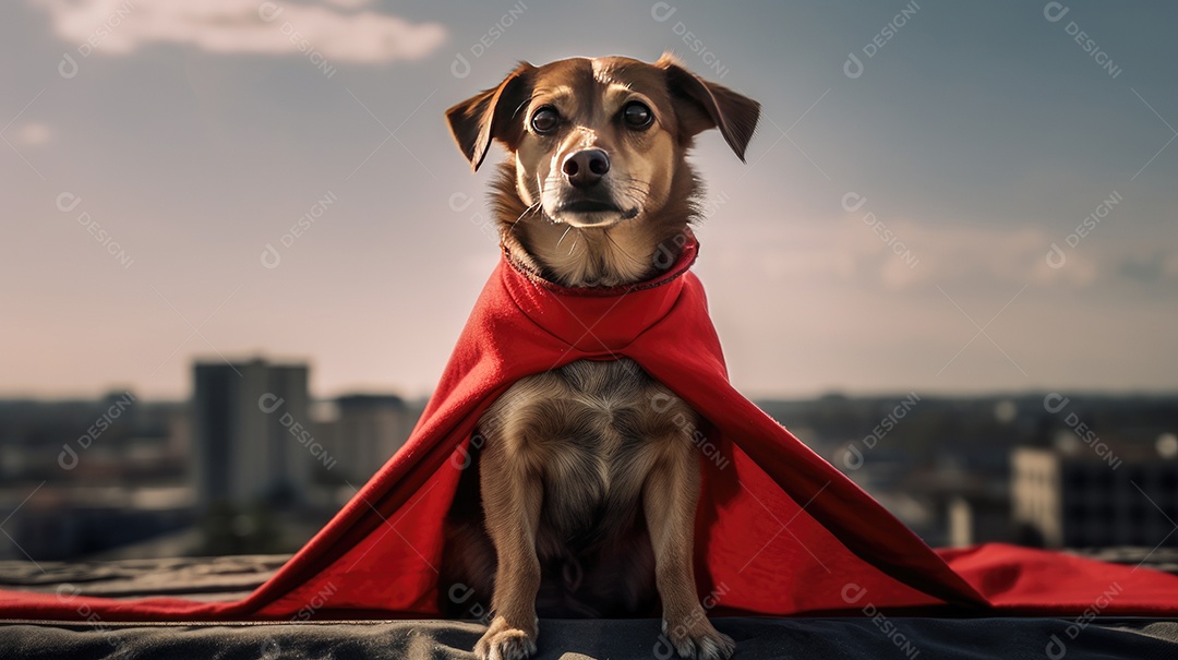 Cachorro super herói com capa vermelha