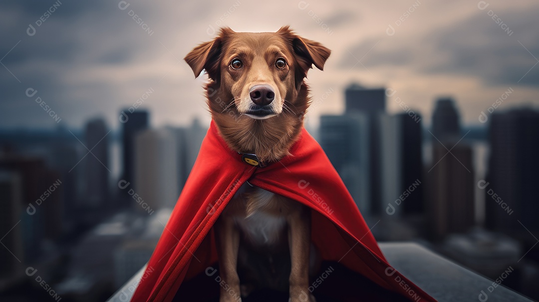 Cachorro super herói com capa vermelha