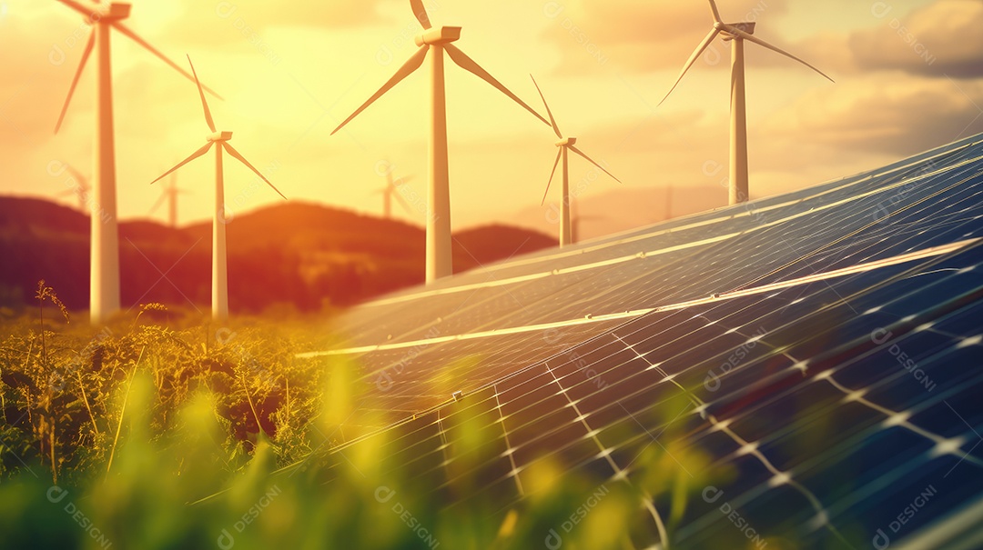 Campo com torres de turbina eólica e placas solares