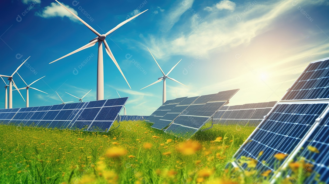 Campo com torres de turbina eólica e placas solares