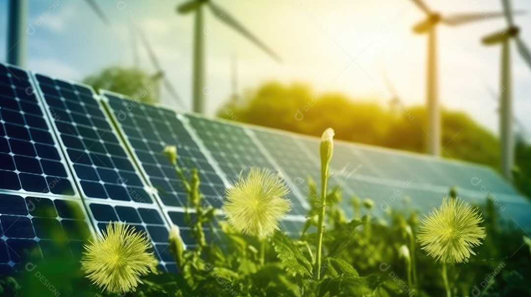 Campo com torres de turbina eólica e placas solares