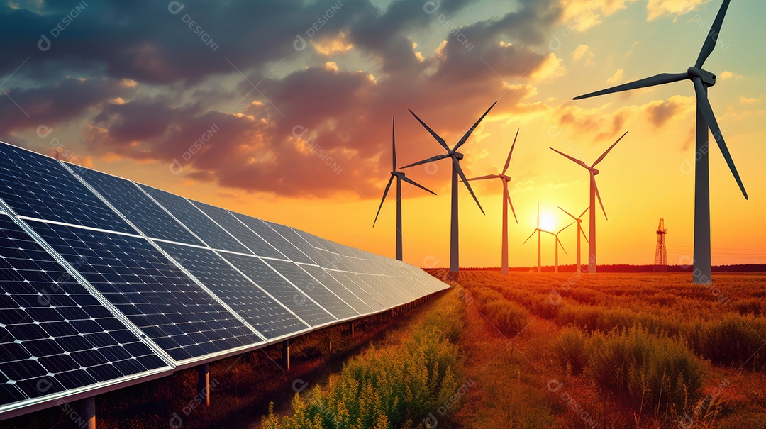 Campo com torres de turbina eólica e placas solares
