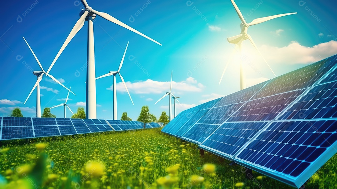 Campo com torres de turbina eólica e placas solares