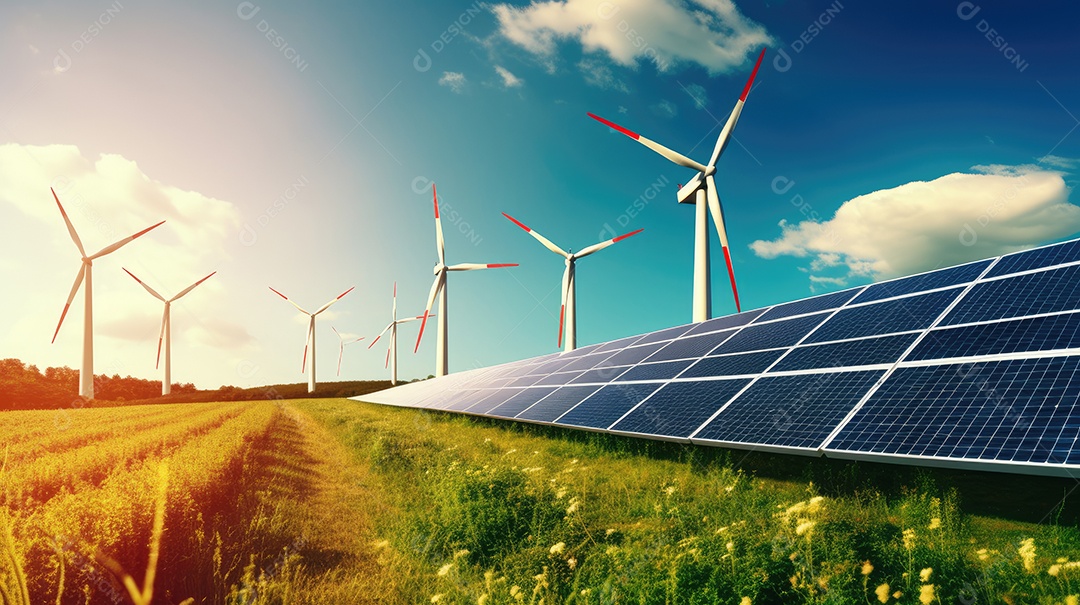 Campo com torres de turbina eólica e placas solares