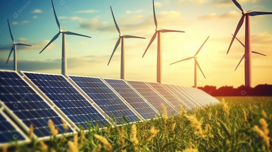 Campo com torres de turbina eólica e placas solares
