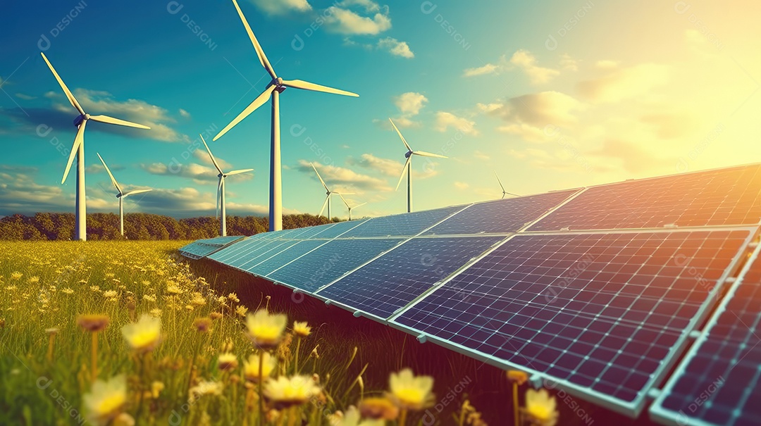 Campo com torres de turbina eólica e placas solares