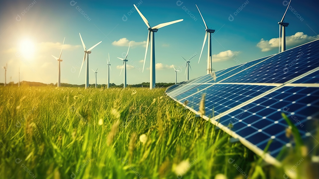 Campo com torres de turbina eólica e placas solares