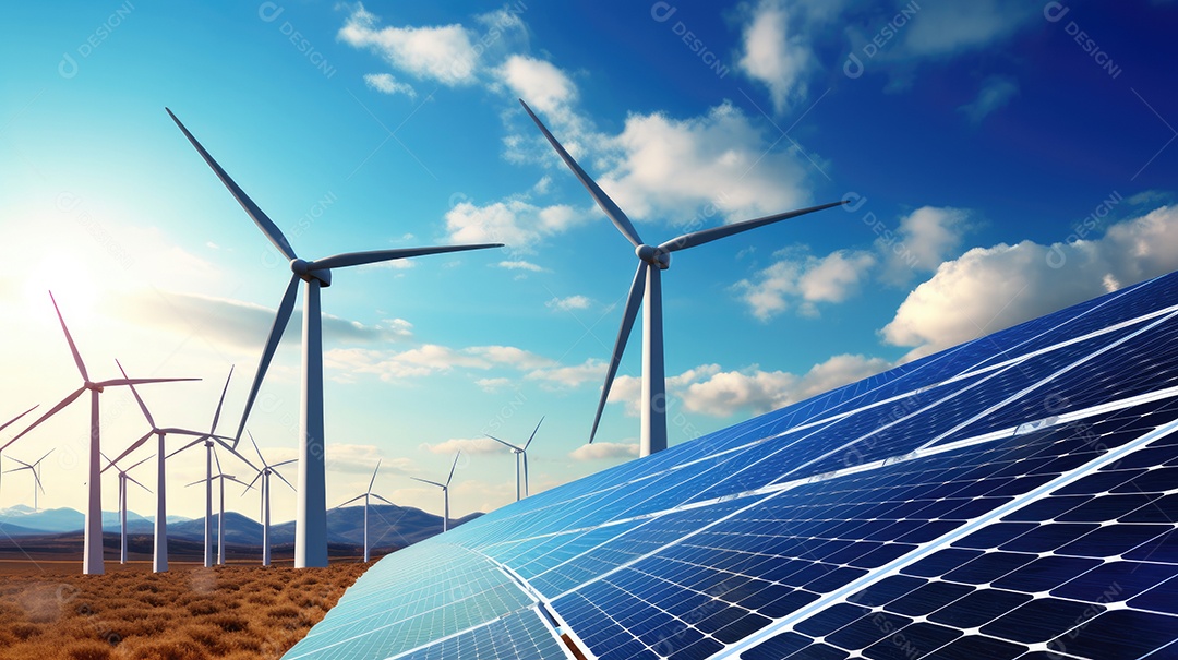 Campo com torres de turbina eólica e placas solares