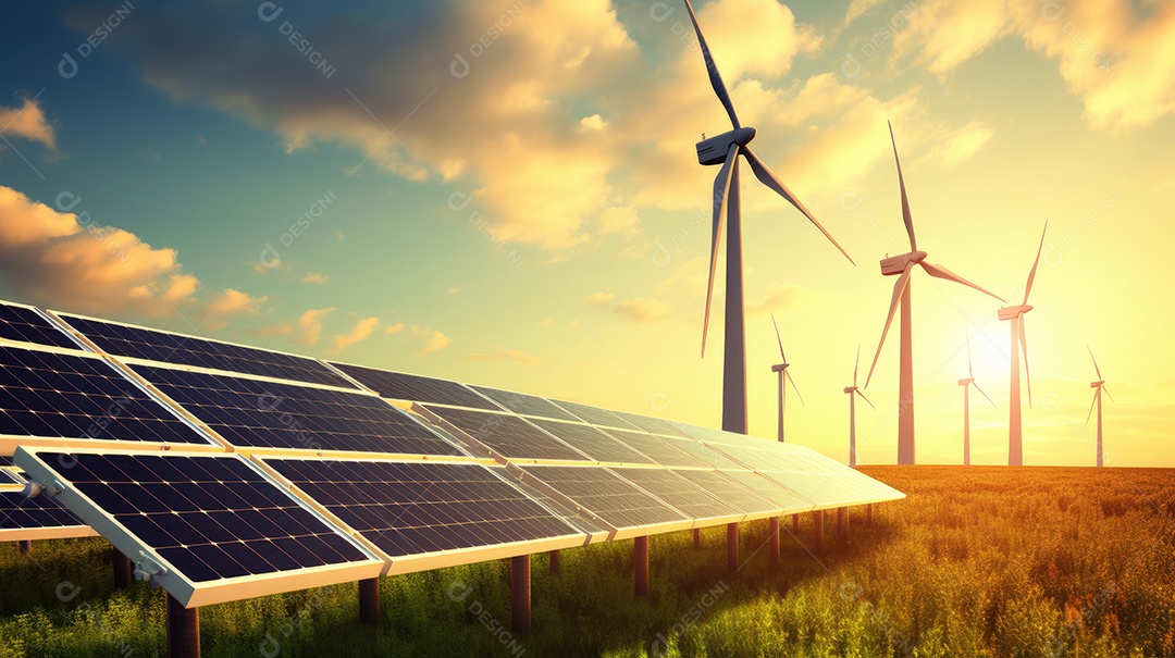 Campo com torres de turbina eólica e placas solares