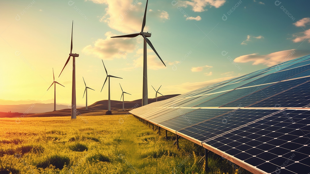 Campo com torres de turbina eólica e placas solares