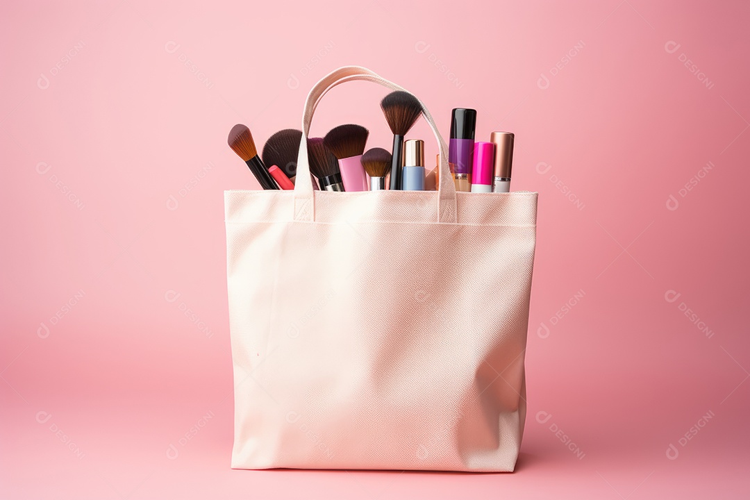 Sacola com itens de maquiagem pincéis e batons