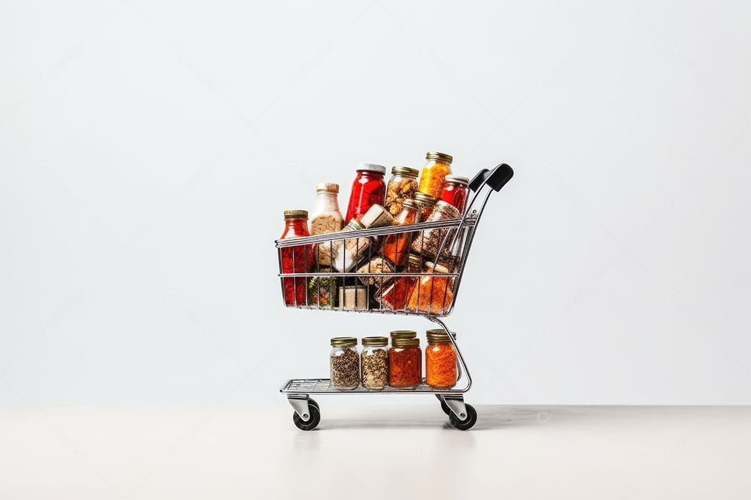 Um carrinho de compras cheio de potes de vidro com alimentos