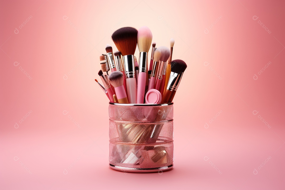 Pote com pincéis de maquiagem e glitters