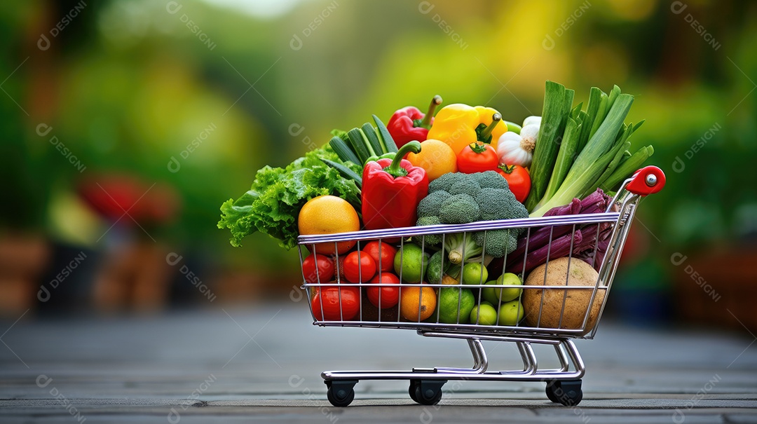 Carrinho de compras com muitos alimento frescos