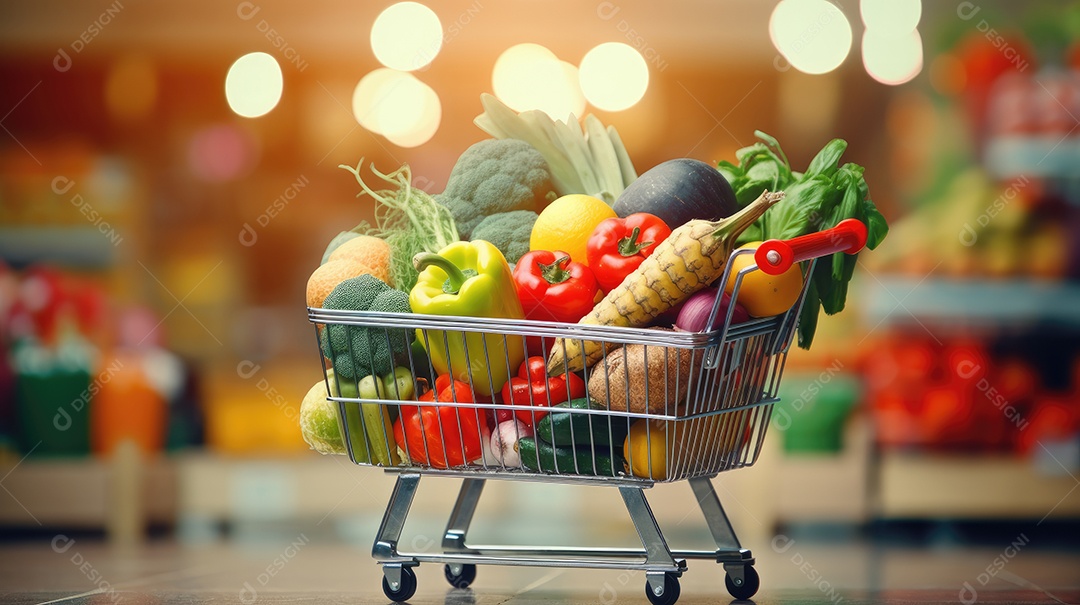 Carrinho de compras com muitos alimento frescos
