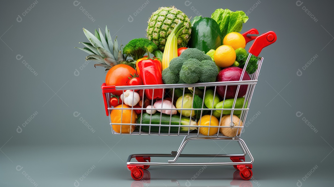 Carrinho de compra cheio de alimentos frescos